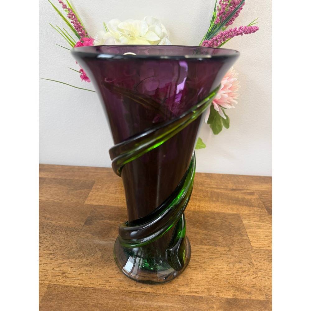 Vintage Murano Style Amethyst Emerald Swirl Art Glass Vase‎ Tall Italian Studio